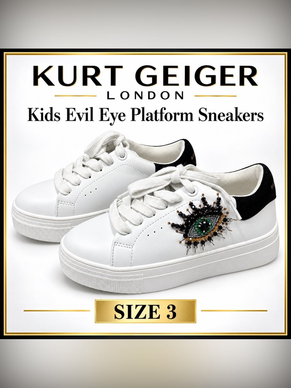 NWOT Kurt Geiger Kids White Sneakers with Black Heel and Beaded Evil Eye Size 3